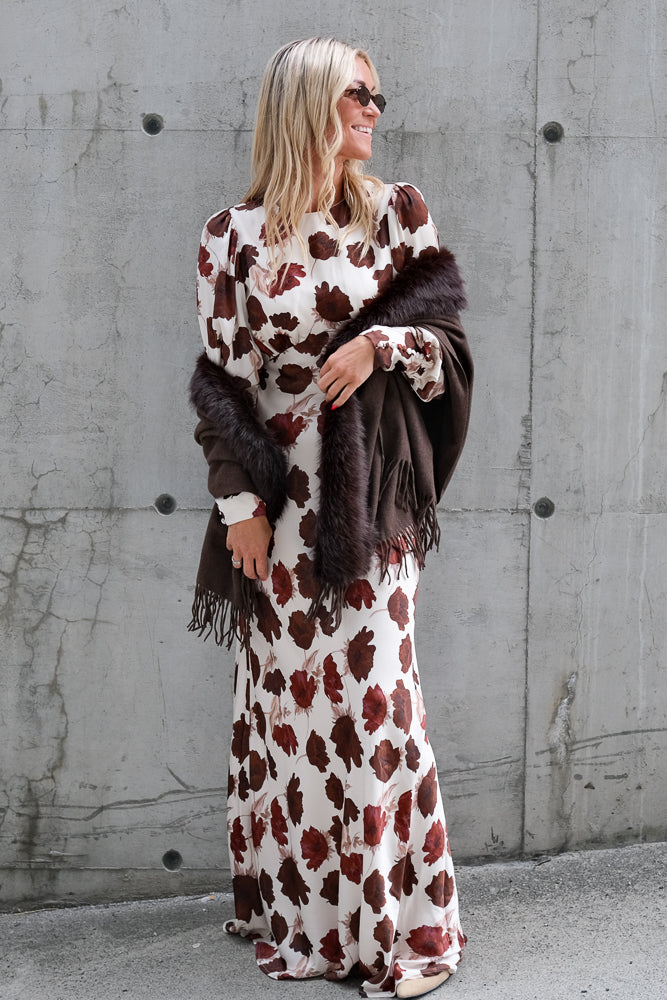 Alize Long Sleeved Satin Maxi Dress Wine Peony