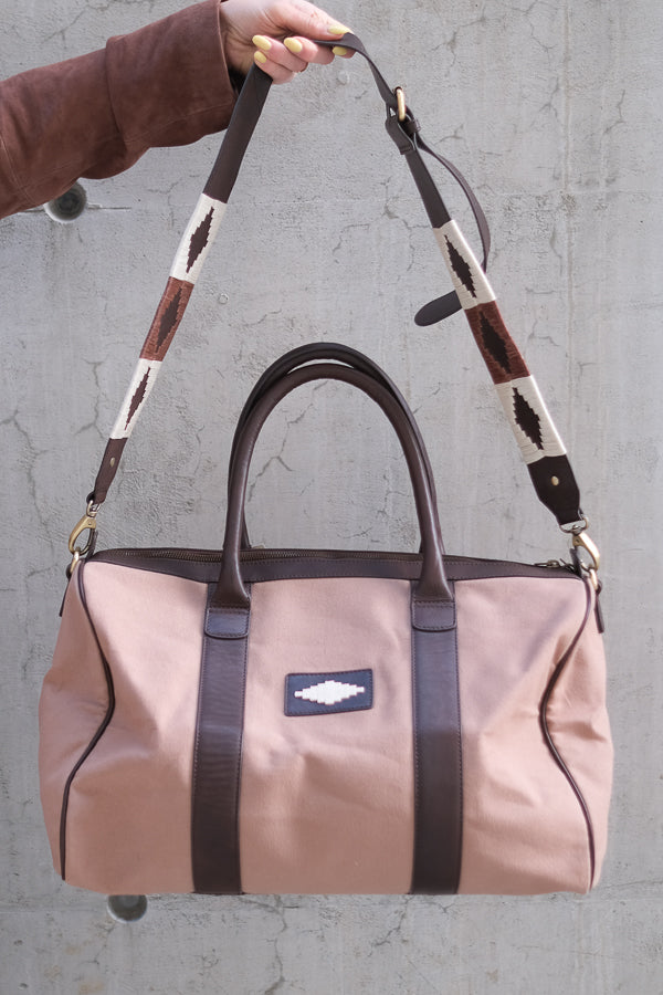 Varon Small Travel Bag Brown Leather and Sand Canvas