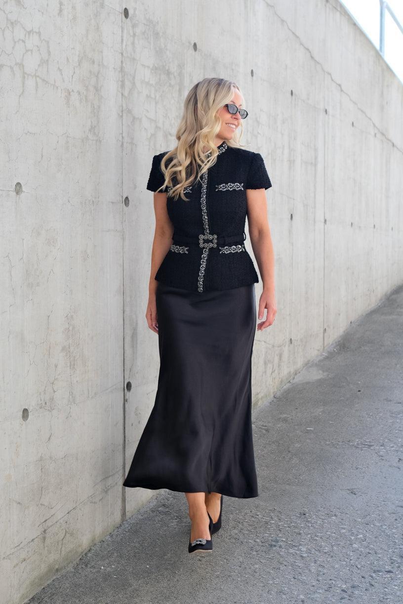 Boucle Crystal Trim Satin Midi Dress Black