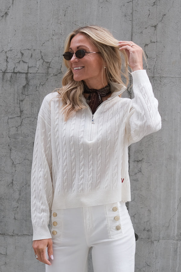 Knitwear Cable Zip Sweater Ecru