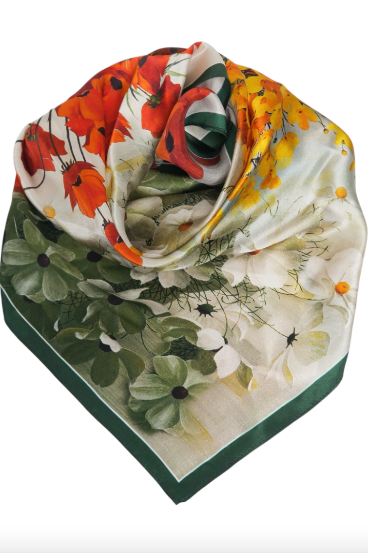 Italiensk Silke Skjerf Square Grønn/Gul/Rød Blomster
