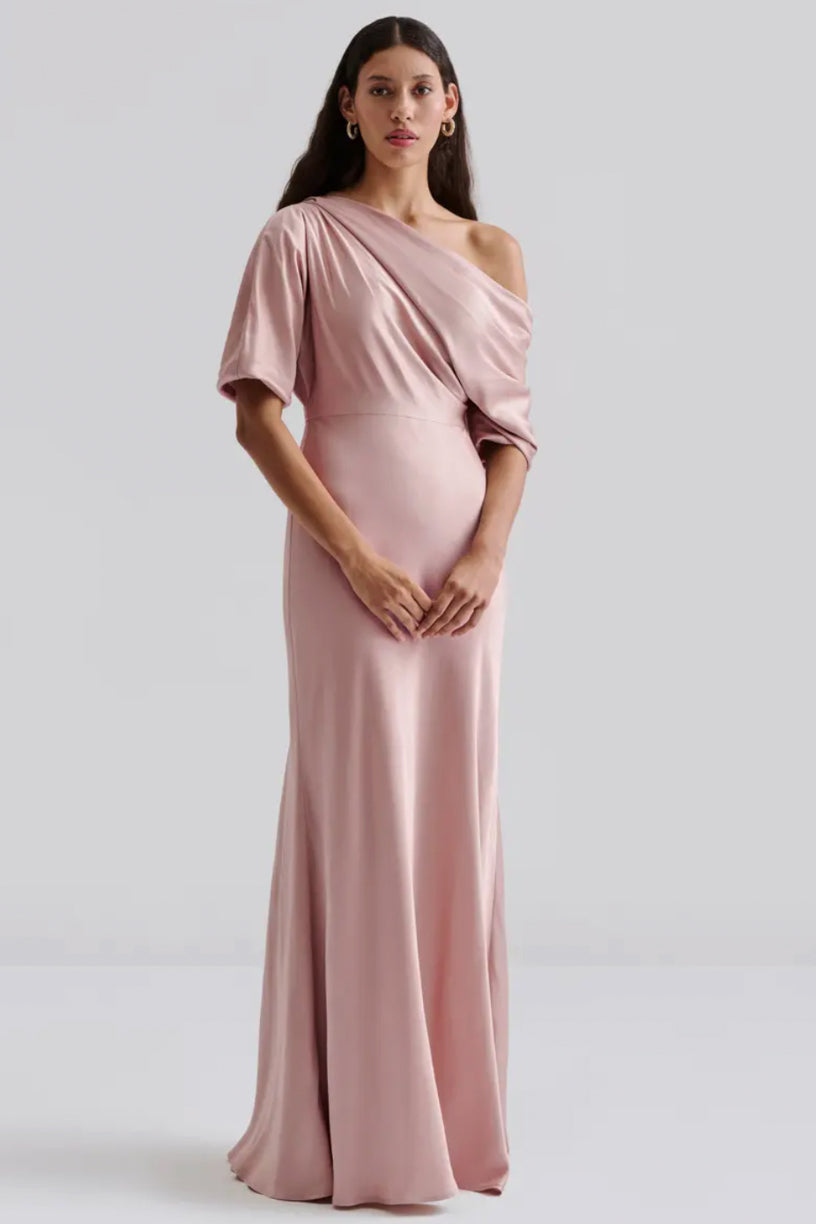 Marisa Asymmetrical Satin Maxi Dress Blush