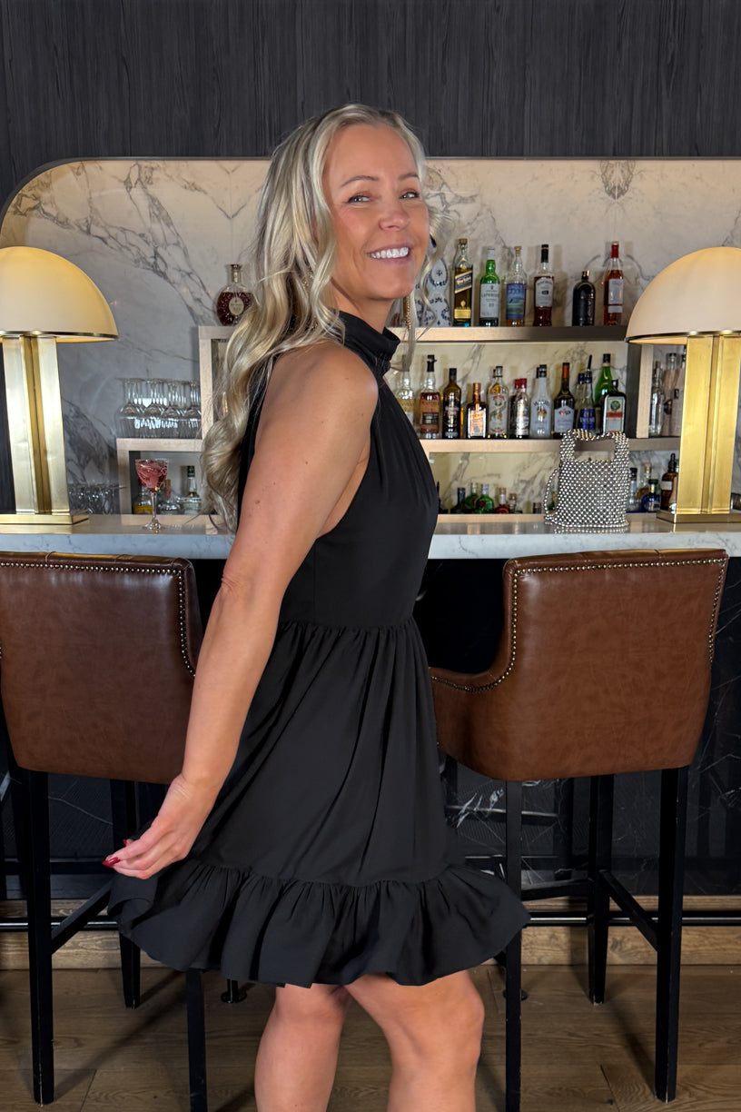 Fern Halterneck Ruffled Mini Dress Black