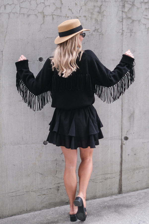 Boxy Fringes Biker Style Sweater Black