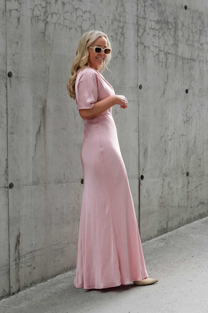 Marisa Asymmetrical Satin Maxi Dress Blush