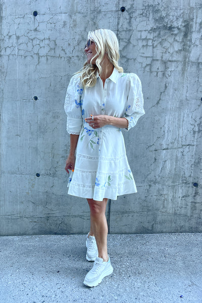 Linen Embroidery Mini Dress Flowing Blossoms