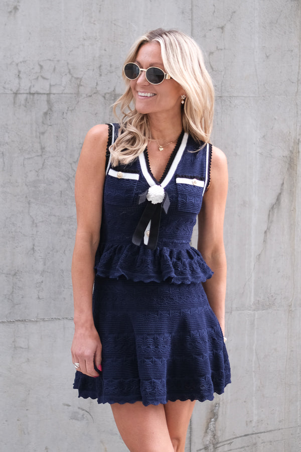 Peplum Pointelle Knit Mini Dress Navy