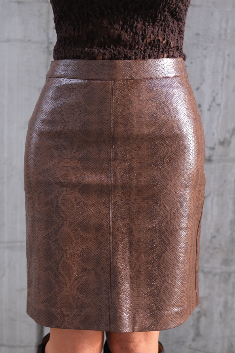 Ramona Faux Leather Skirt Brown Snake Print