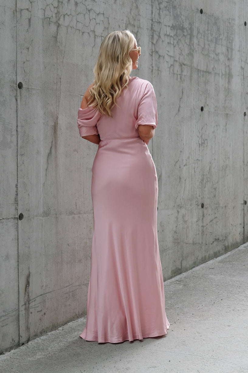 Marisa Asymmetrical Satin Maxi Dress Blush