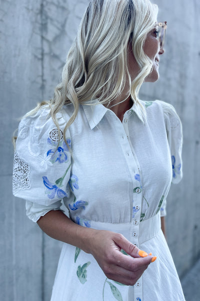 Linen Embroidery Mini Dress Flowing Blossoms