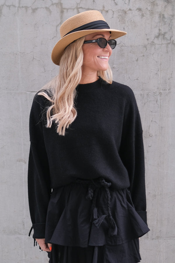 Boxy Fringes Biker Style Sweater Black