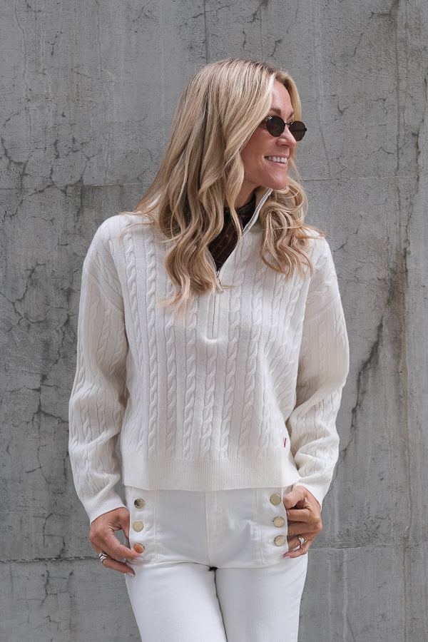 Knitwear Cable Zip Sweater Ecru
