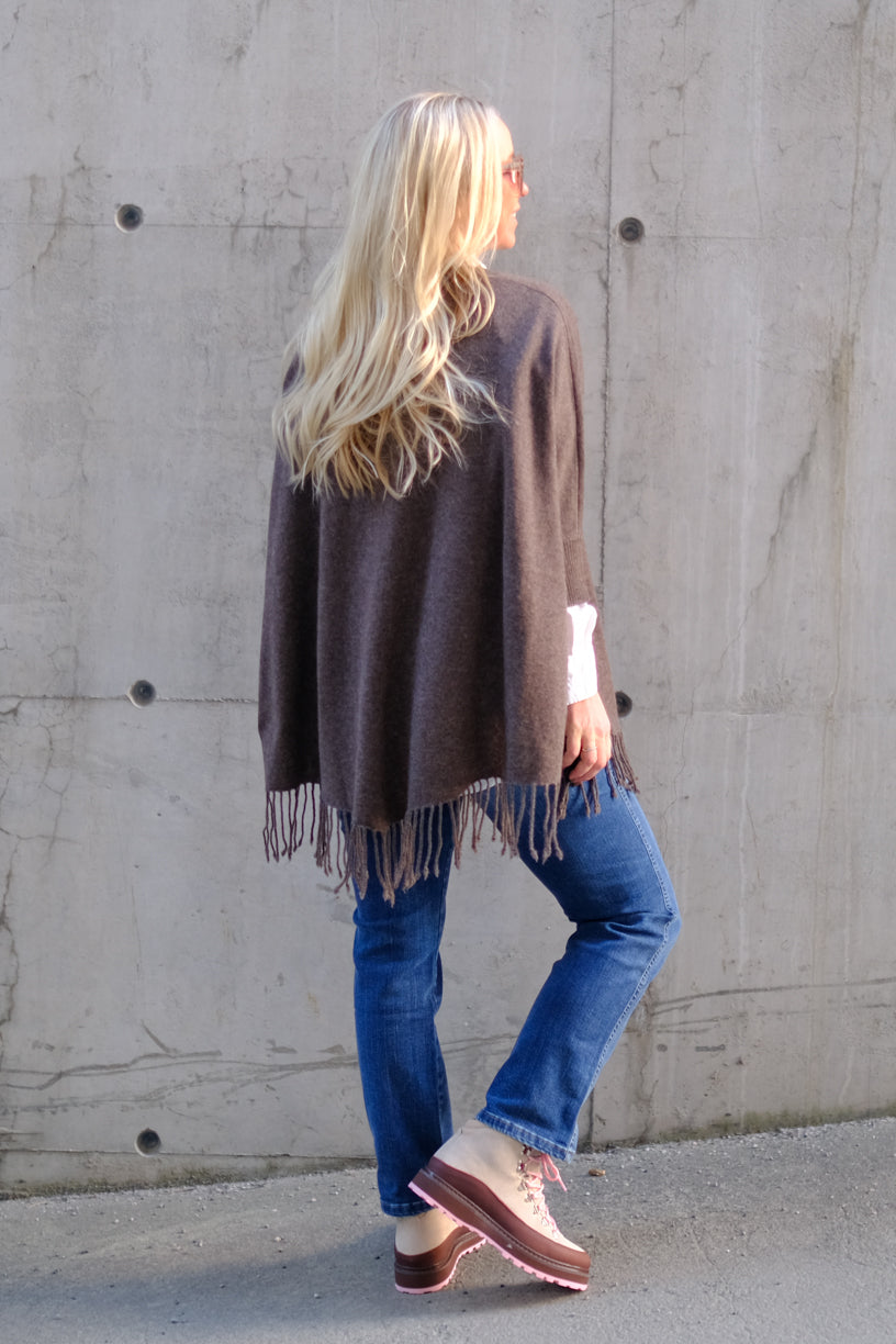 V-Neck Poncho Fringes Cacao