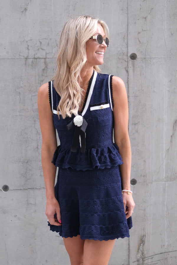 Peplum Pointelle Knit Mini Dress Navy