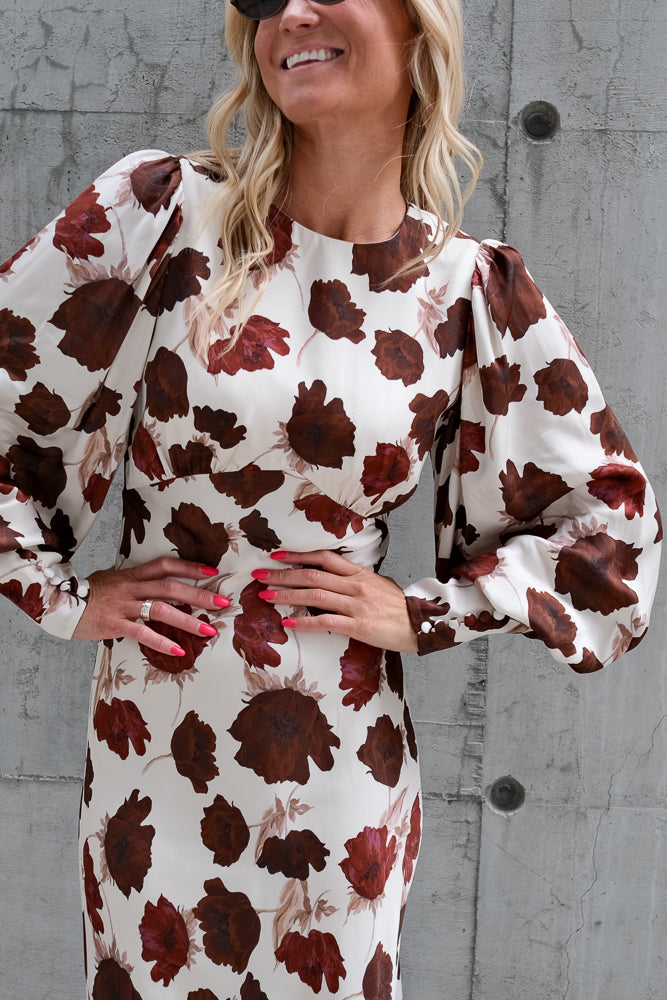 Alize Long Sleeved Satin Maxi Dress Wine Peony
