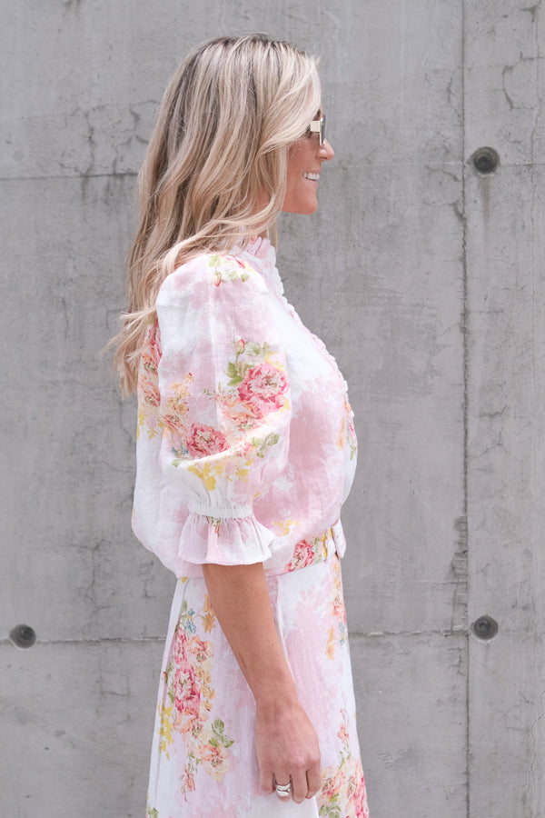 Linen Ruffle Blouse Rose Amore