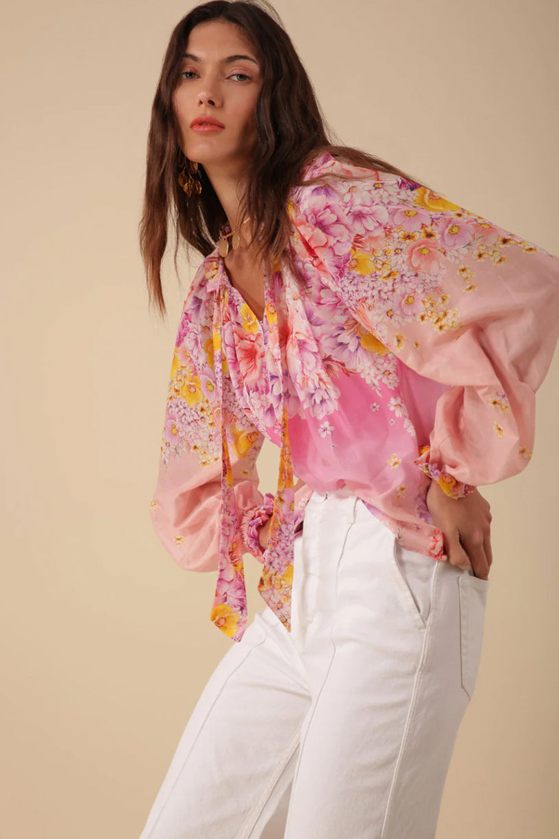 Arianna Silk-Cotton Print Top Pink
