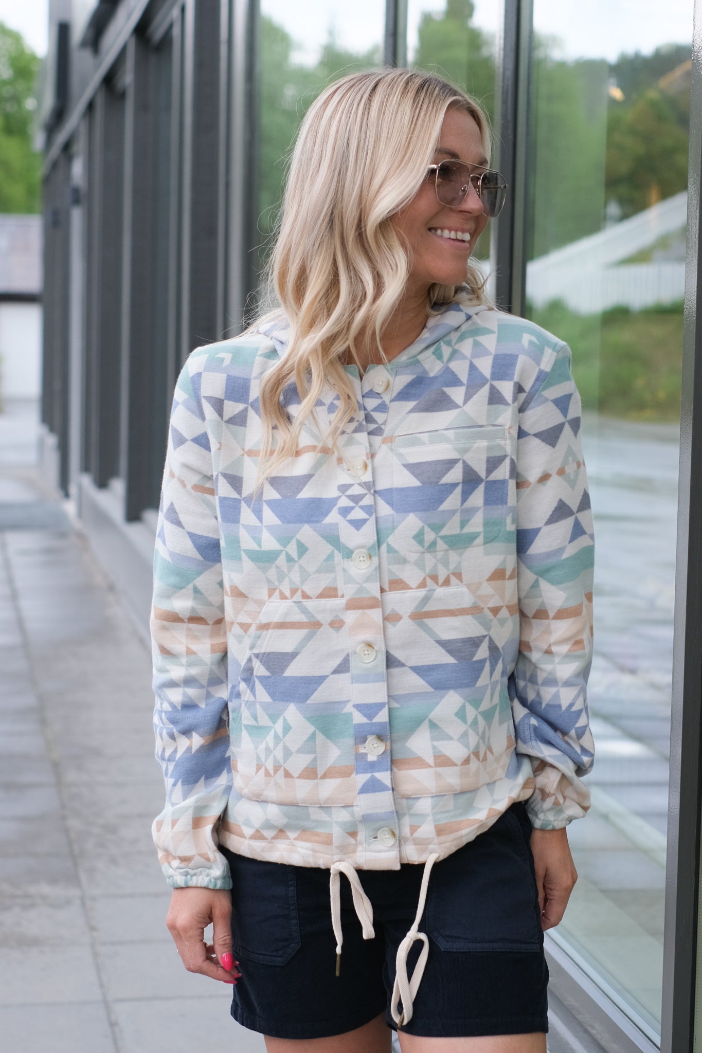 Button Front Beach Hoodie Blue Opal Springs Multi